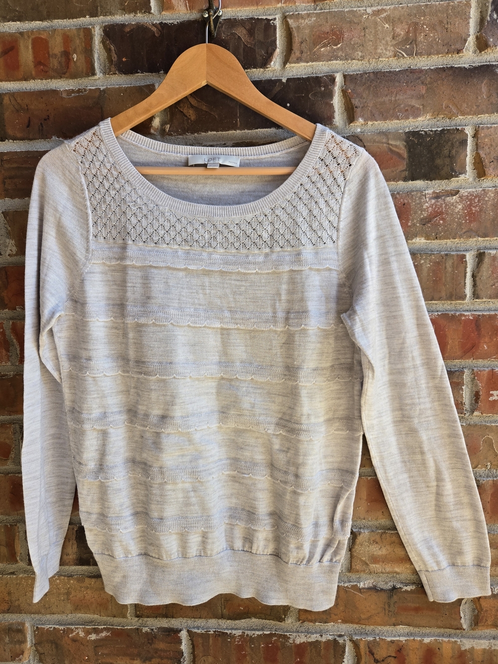 LOFT Light Gray Crewneck Sweater with Openwork Yoke Quiet Luxury Feminine Layer